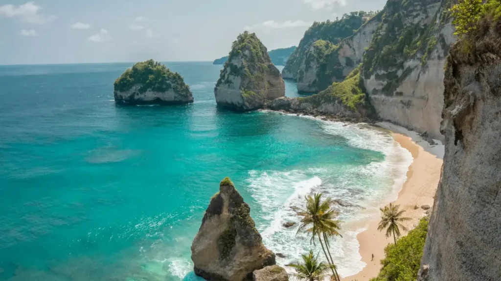 Scenic panoramic view of Diamond Beach Nusa Penida featuring dramatic limestone cliffs, pristine white sand, crystal-clear turquoise waters, and the iconic diamond-shaped sea stack formation, accessible via Axe Stone Fast Cruise from Sanur Harbour to Banjar Nyuh Harbour for East Nusa Penida exploration