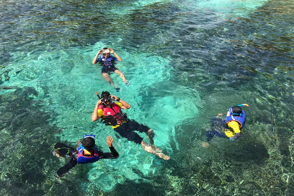 Snorkeling Package with 4 people enjoying Snorkeling Nusa Penida by Axestone Fast Cruise, exploring vibrant coral reefs and tropical fish in crystal clear waters. find this experiences on Island tour with Snorkeling