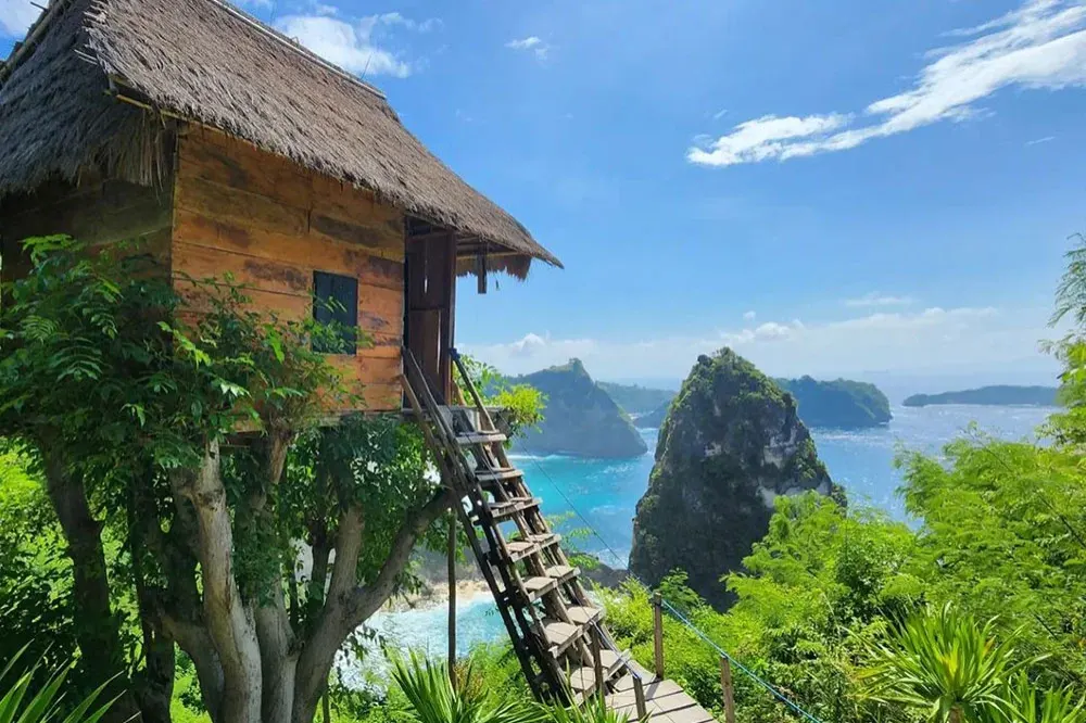 Iconic Tree House with wooden staircase as the best photo spot on an East Nusa Penida Tour with Axestone Fast Cruise, offering perfect framing for memorable holiday photos.